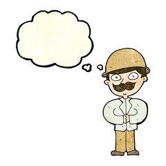 cartoon man in safari hat with thought bubble