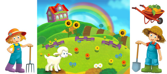 Cartoon farm scene with isolated elements for individual composition - illustration for the children