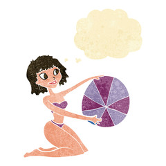 cartoon bikini girl with beach ball with thought bubble