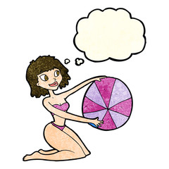 cartoon bikini girl with beach ball with thought bubble