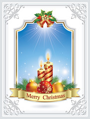Christmas frame with candles and balls on a blue background