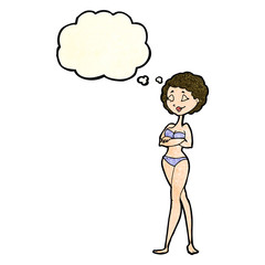 cartoon retro woman in bikini with thought bubble