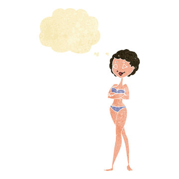 cartoon retro woman in bikini with thought bubble