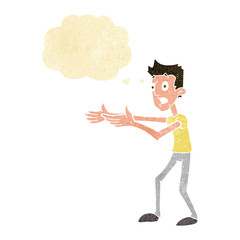 cartoon man desperately explaining with thought bubble