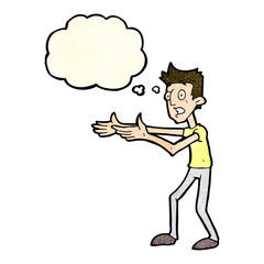 cartoon man desperately explaining with thought bubble