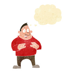cartoon excited overweight man with thought bubble