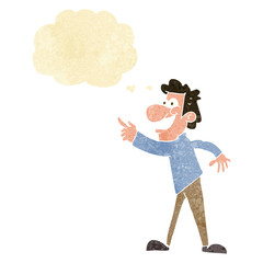 cartoon man pointing and laughing with thought bubble