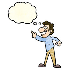 cartoon man pointing and laughing with thought bubble