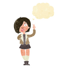 cartoon cool girl giving peace sign with thought bubble