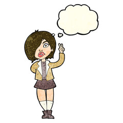cartoon cool girl giving peace sign with thought bubble