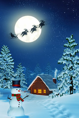 Cabin, snowman and Santa in moonlit winter landscape at night