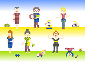 Obraz na płótnie Canvas Set of characters pixel people Mothers and cute Babies. Different pixel characters, women and children with their toys, isolated on light background for games or cross-stitch