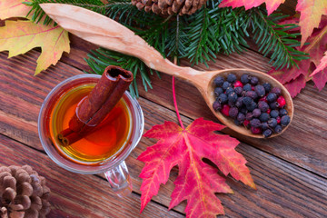 tea with cinnamon and lemon, colorful autumn leaves of maple, ha