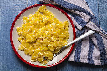 Stovetop pasta and cheese, top view.