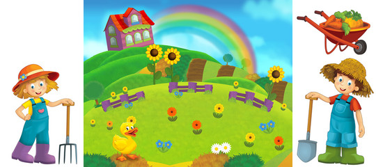 Cartoon farm scene with isolated elements for individual composition - illustration for the children