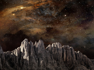 cliff in lunar landscape under a starry night sky