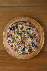 Top shot of meat steak flat bread pizza