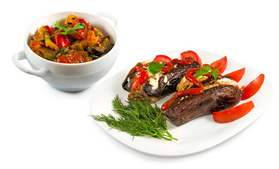 image of delicious dishes of baked vegetables closeup