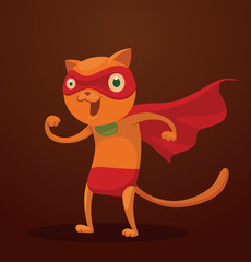 Vector superhero cat smiling. Cartoon image of a red cat superhero in red shorts, cape and mask, smiling on a brown background.