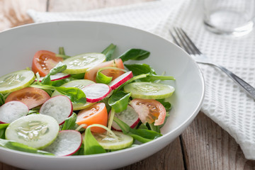 Spring salad from cucumbers, radish and tomato on white plate.