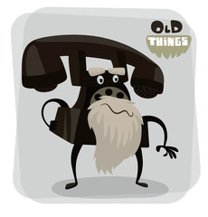 Vector old things, rotary phone. Cartoon image of things the old generation, rotary phone black color with a white mustache and beard on a light gray background.