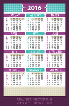 Pocket Calendar 2016, vector, start on Sunday