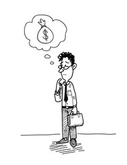 Businessman Wondering About Money (Dollar), a hand drawn vector illustration of a businessman imagining his profit.