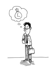 Businessman Wondering About Money (Pound Sterling), a hand drawn vector illustration of a businessman imagining his profit.