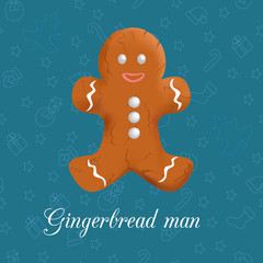 Greeting card - traditional gingerbread man on the christmas blue background