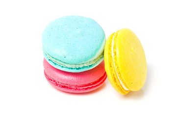 Colorful three macaroons isolated on white.