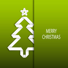 Christmas card with folded white paper tree on a green background