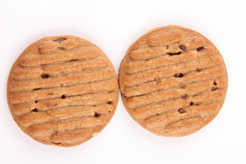 Two homemade chocolate fruit cookies, Selective focus photograph
