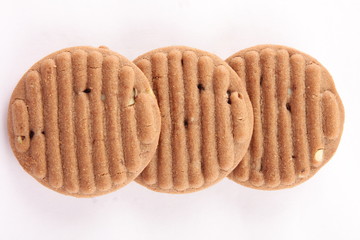 Three chocolate fruit cookies, Selective focus photograph.