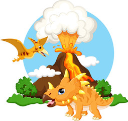 Naklejka premium Cute triceratops and pterodactyl cartoon with volcano background