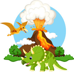 Naklejka premium Cute triceratops and pterodactyl cartoon with volcano background