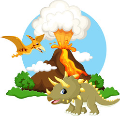Obraz premium Cute triceratops and pterodactyl cartoon with volcano background