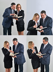 Business colleagues working together and reading a book in a mee