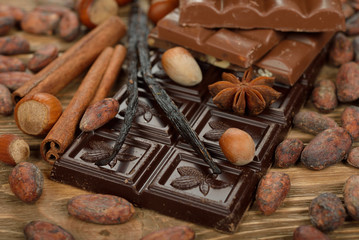 Chocolate, cocoa beans and spices