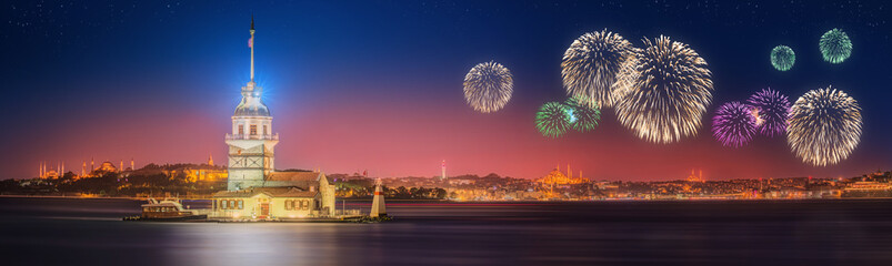 Fototapeta na wymiar Beautiful fireworks near Maiden Tower, Kiz Kulesi Istanbul