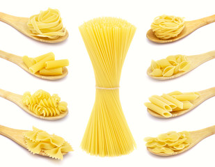 Pasta, different varieties, collection in wooden spoons