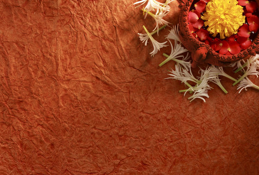 Diwali festival, decoration of flower surrounding a swan shaped flower pot