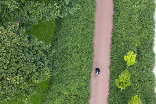 Aerial view of a cyclist on  a bicycle path in a green environment