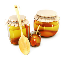 Glass jars of honey and wooden spoons. 3d.