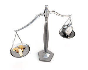 Watch and money on scales on a white. 3d.