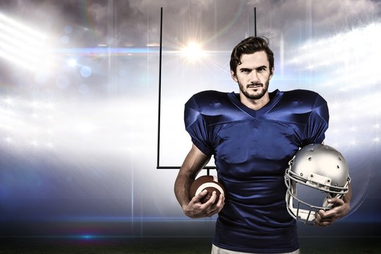 Composite image of american football player holding helmet and ball