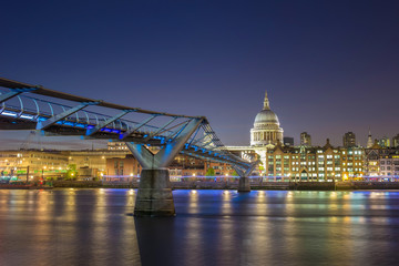 St Paul's Cathedral and the Millennium Bridge by night, London, UK