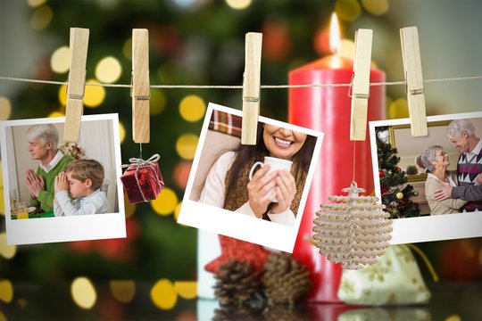 Composite image of christmas photos on a line