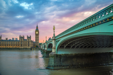 Fototapeta premium Westminster Bridge, Big Ben and Houses of Parliament at sunset, London, UK