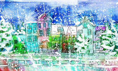watercolor winter city