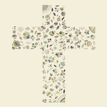 Illustration of flora and flowers by hand drawn line art with colours in a cross shape as Christianity.